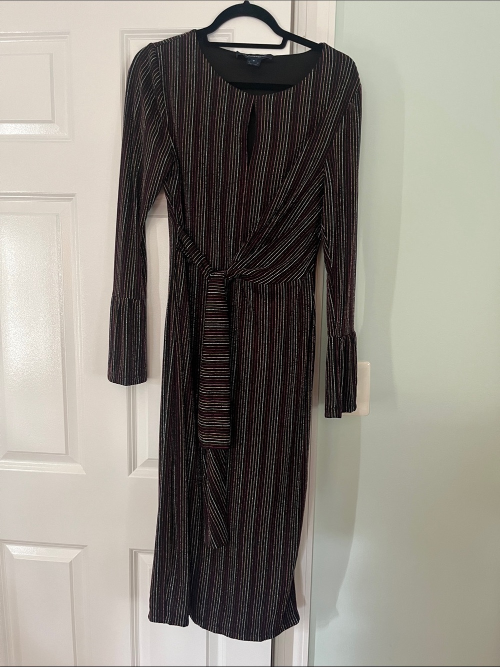 French Connection Black Multi-Stripe Long Sleeve Tie-Waist Dress